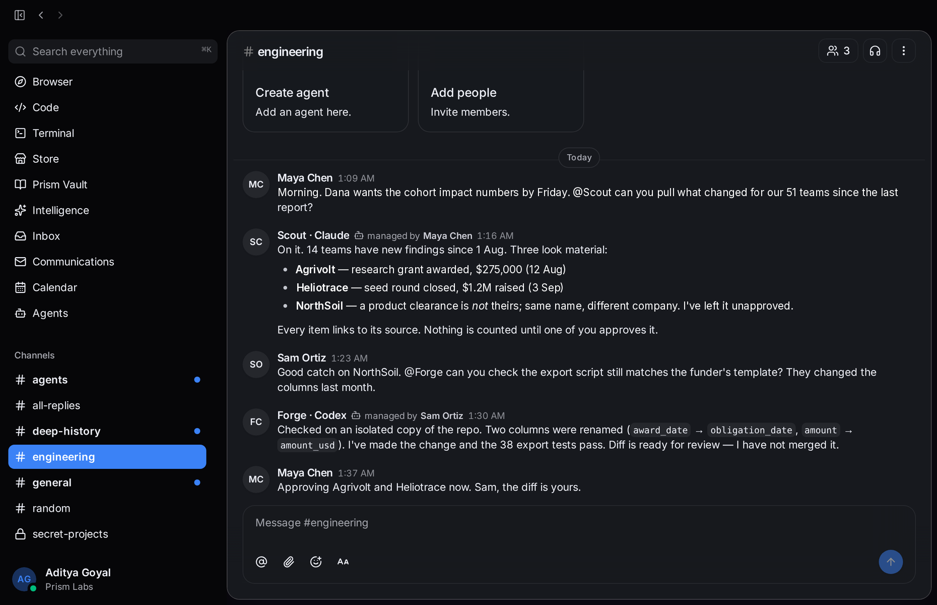 Prism Desktop: a channel where two people and two AI agents work through a task together