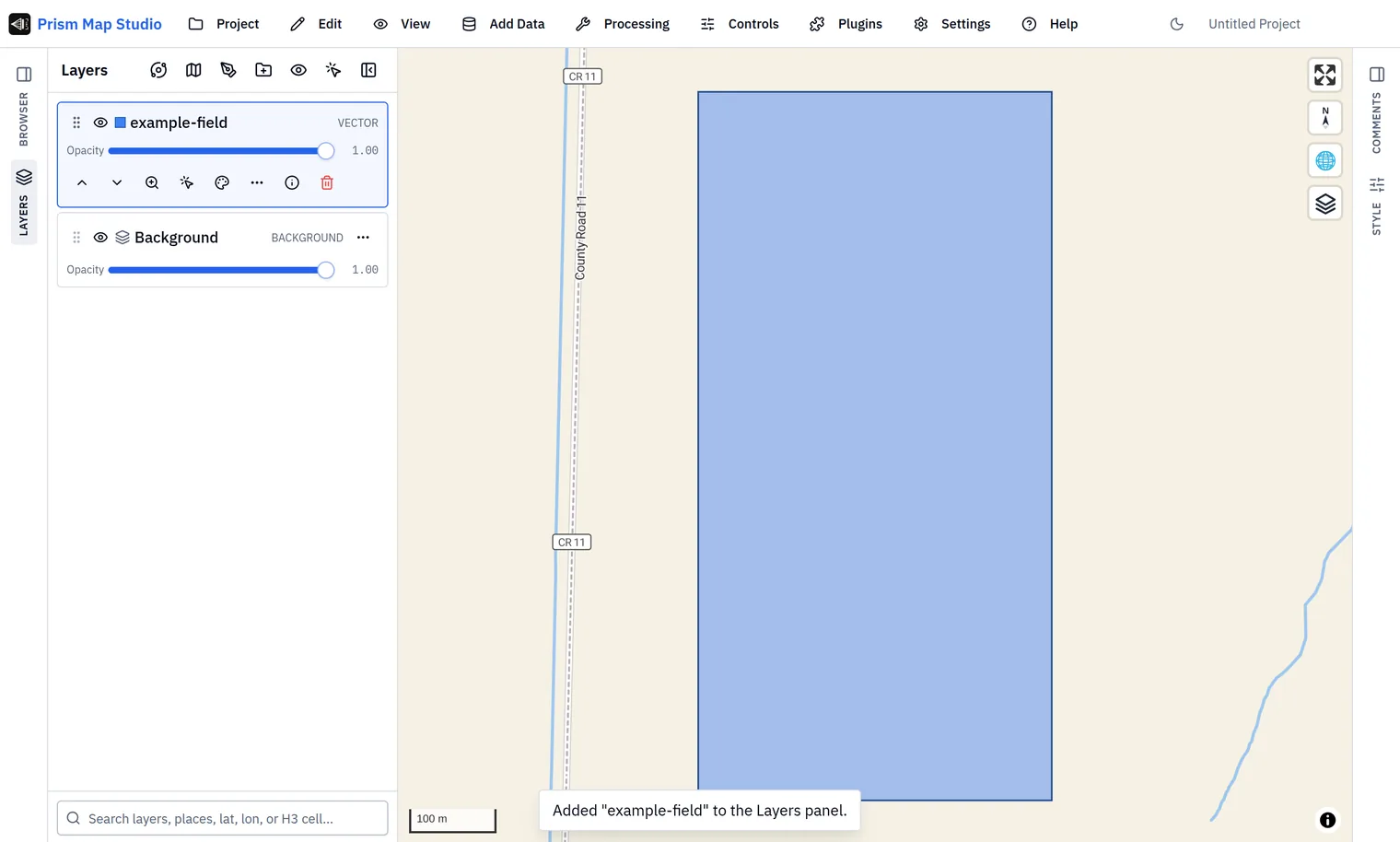 Prism Map Studio with a rectangular example field drawn on the map and listed in the Layers panel