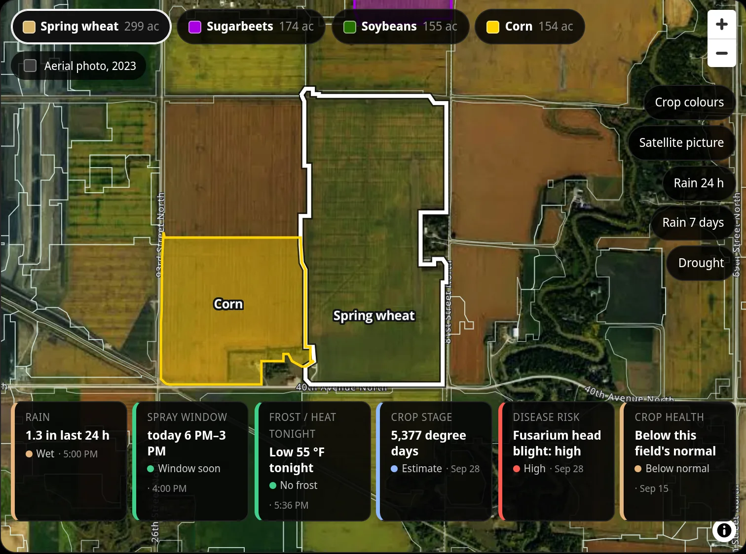 A farm map in Prism Microclimate with four fields and answer cards, one showing crop stage in growing degree days