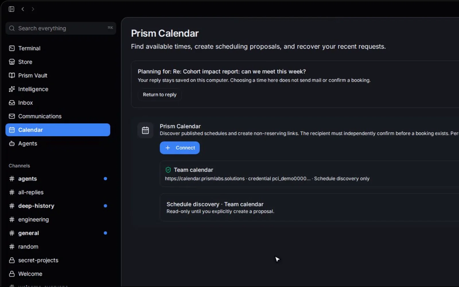 Prism Desktop with its calendar open beside the channels