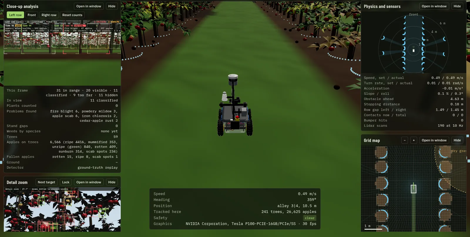 Prism Sim driving the Rover down an apple orchard alley with trees and apples boxed by condition