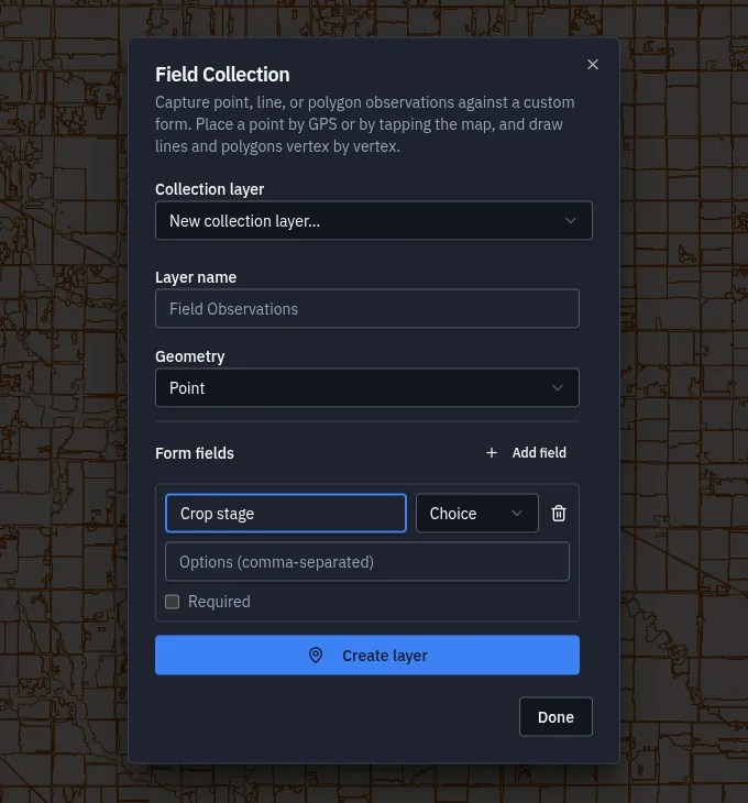 The field collection form, with a layer name, geometry type and form fields