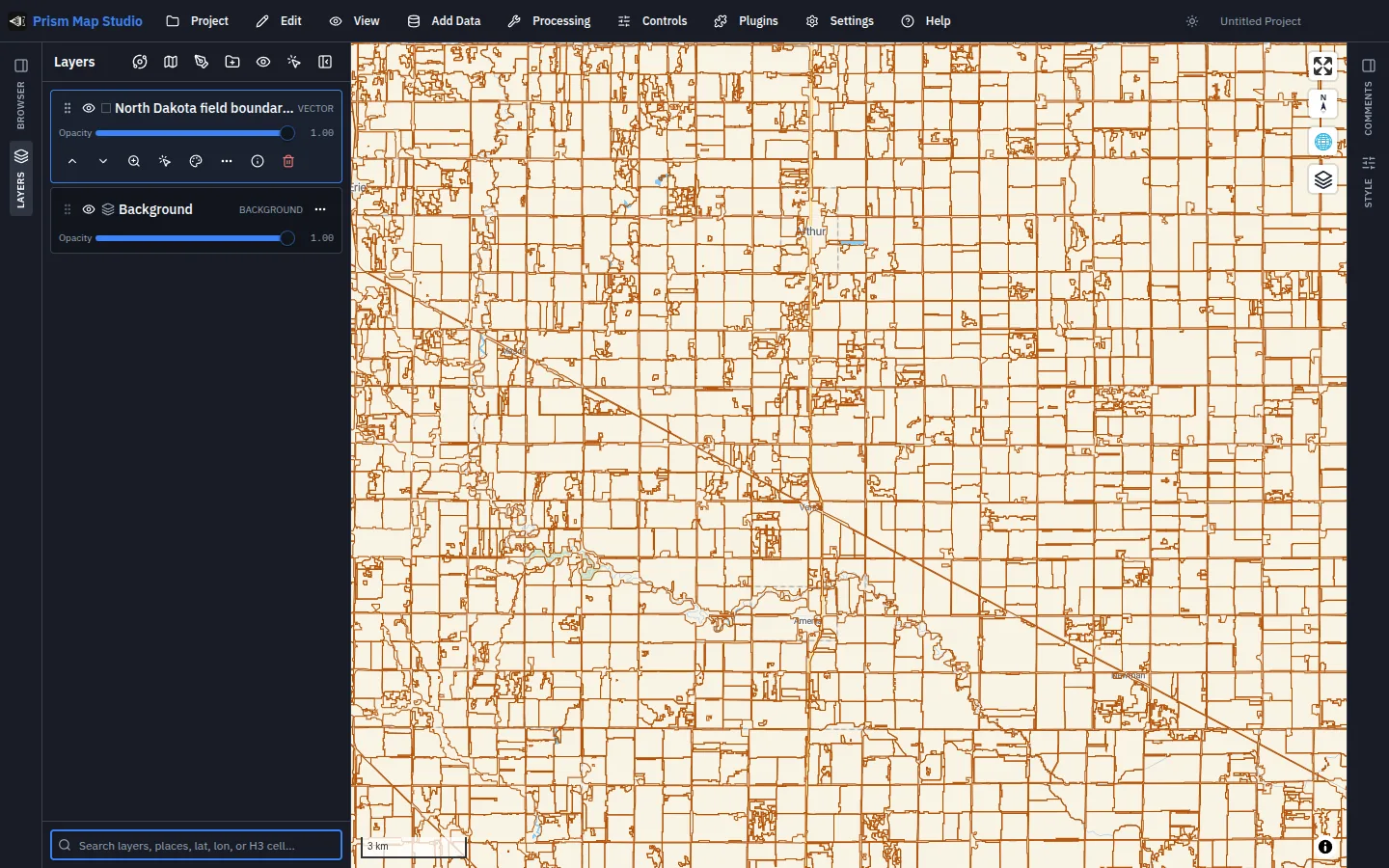 North Dakota field boundaries from Prism Microclimate in Map Studio