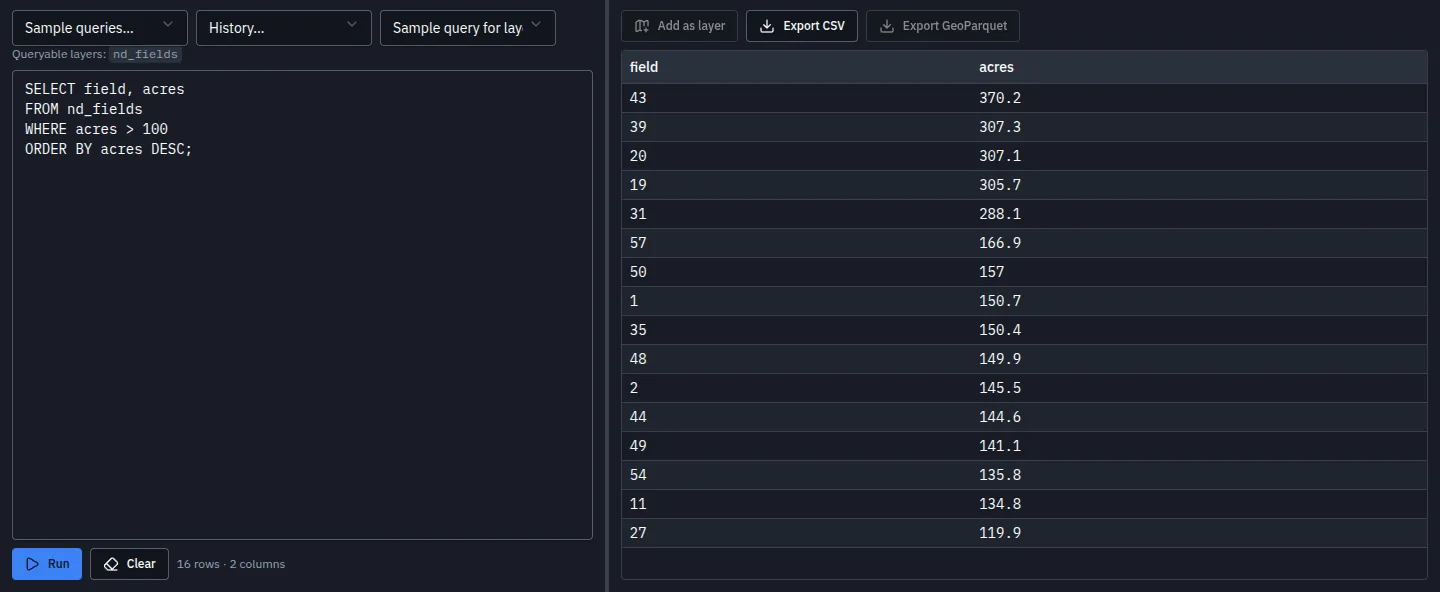A SQL query listing the fields over 100 acres, with sixteen rows of results